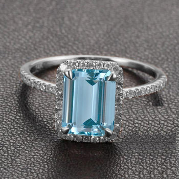 Beautiful 1.50 Carat Emerald Cut Aquamarine and Diamond Halo Engagement Ring in White Gold