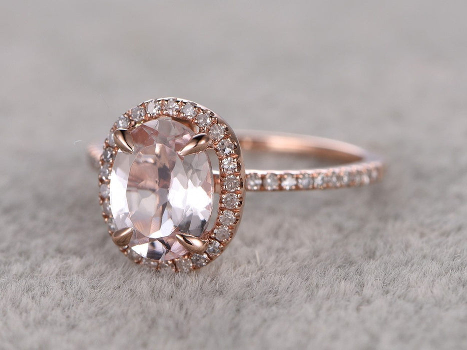 Huge 2 Carat Oval Cut Morganite and Diamond Halo Wedding Ring in Rose Gold
