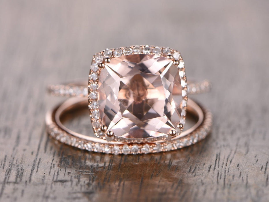 2 Carat Cushion Cut Morganite and Diamond Wedding Ring Set in Rose Gold