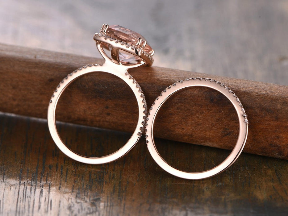 2 Carat Cushion Cut Morganite and Diamond Wedding Ring Set in Rose Gold