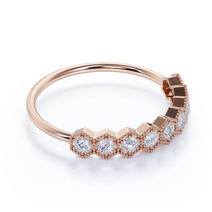 Semi Eternity Milgrain Stacking Wedding Ring with Round Diamonds in Rose Gold