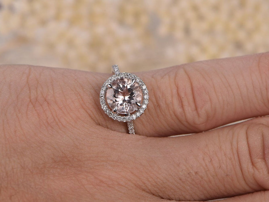 2 Carat Round Cut Morganite and Diamond Halo Engagement Ring in White Gold