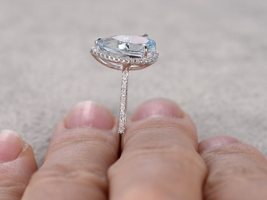 1.50 Carat Pear Cut Aquamarine and Diamond Halo Engagement Ring in White Gold