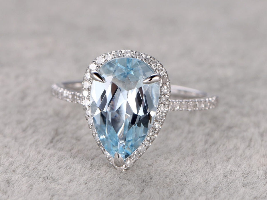 1.50 Carat Pear Cut Aquamarine and Diamond Halo Engagement Ring in White Gold