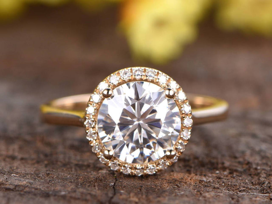 1.25 Carat Round Cut Halo Moissanite and Diamond Engagement Ring in Yellow Gold