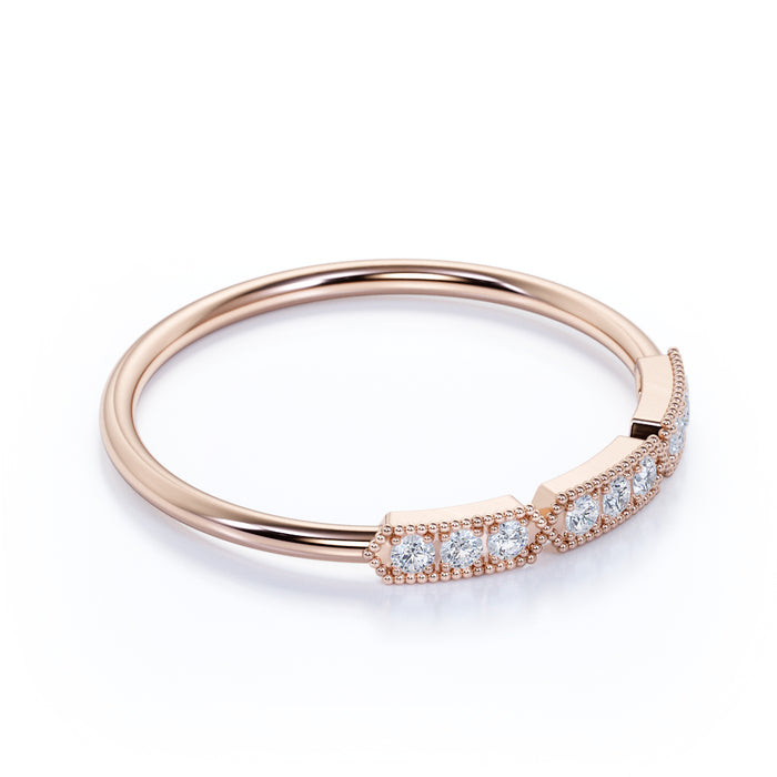 Semi Eternity Milgrain Stackable Wedding Ring with Round Diamonds in Rose Gold