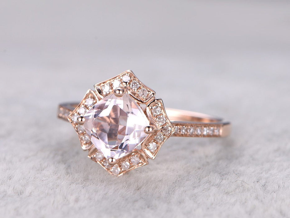 Art Deco 1.50 Carat Cushion Cut Morganite and Diamond Engagement Ring  in Rose Gold