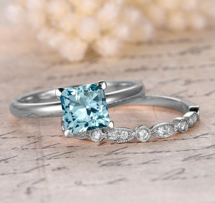 Bestselling Antique Design 1.25 Carat Aquamarine and Diamond Wedding Ring Set in White Gold