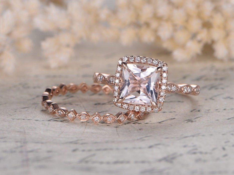 1.50 Carat Princess Cut Morganite and Diamond Wedding Ring Set in Art Deco Style in Rose Gold