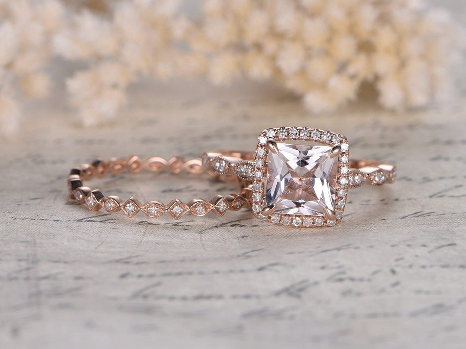 1.50 Carat Princess Cut Morganite and Diamond Wedding Ring Set in Art Deco Style in Rose Gold
