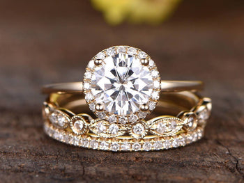 2 Carat Round Cut Moissanite and Diamond Halo Trio Wedding Ring Set in Yellow Gold