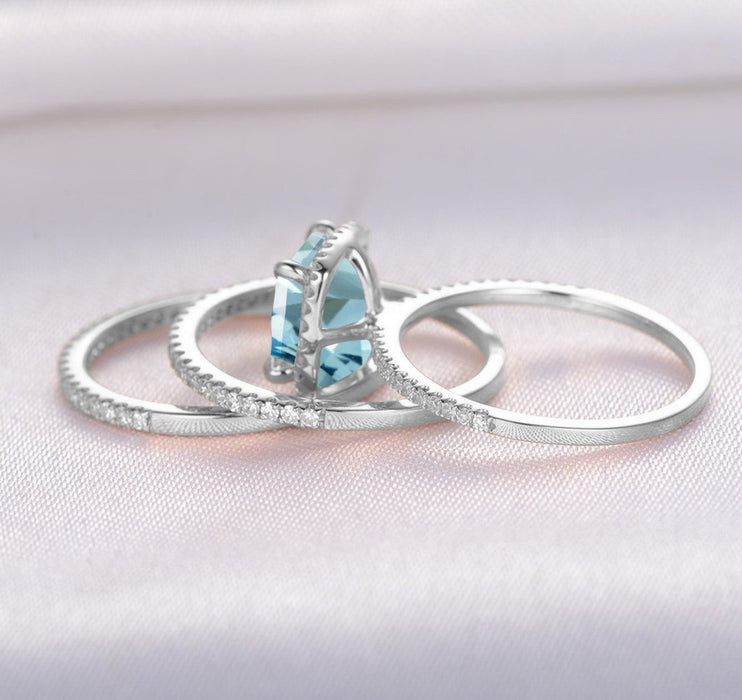2.50 Carat Princess Cut Aquamarine and Diamond Halo Trio Wedding Ring Set with Engagement Ring and 2 Wedding Bands in White Gold