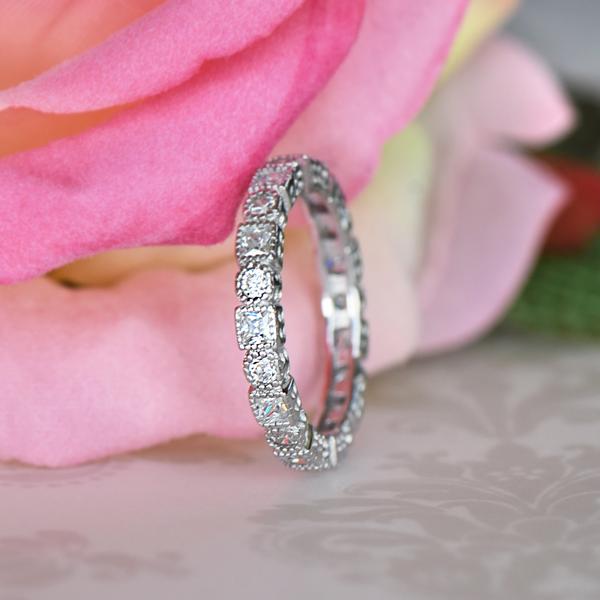 0.25 Carat Princess Art Deco Engraved Eternity Wedding Band in White Gold Sterling Silver