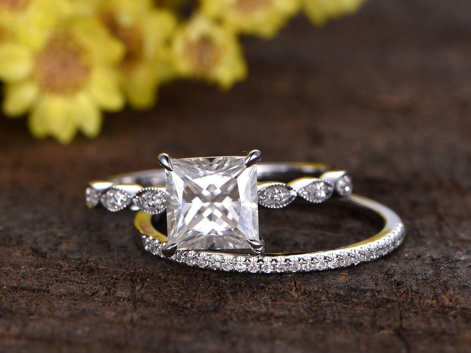 2 Carat Art Deco Princess Cut Moissanite and Diamond Wedding Ring Set in White Gold