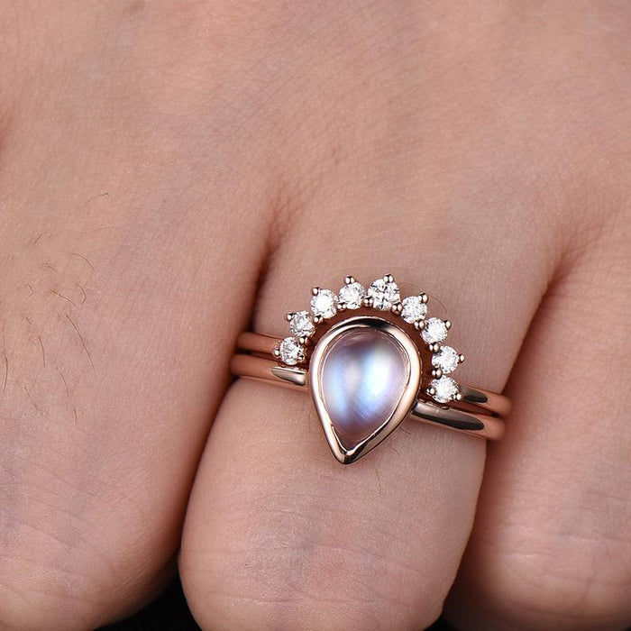 Bezel 1.25 Carat Pear Shape Blue Moonstone and Diamond Wedding Set with Crown Band in Rose Gold