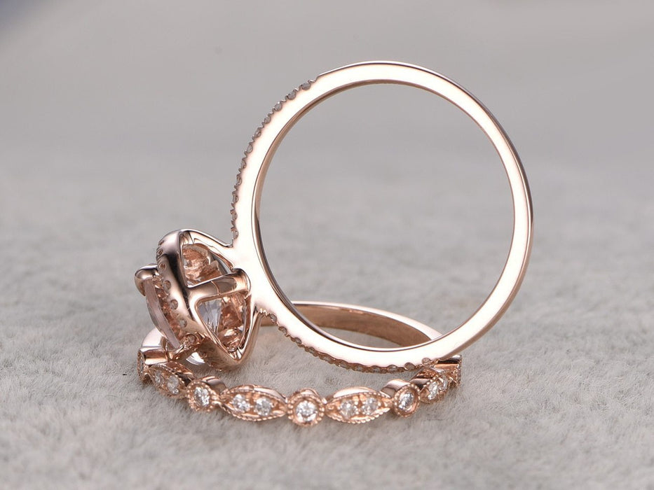 Huge 3 Carat Art Deco Oval Cut Morganite and Diamond Wedding Ring Set in Rose Gold