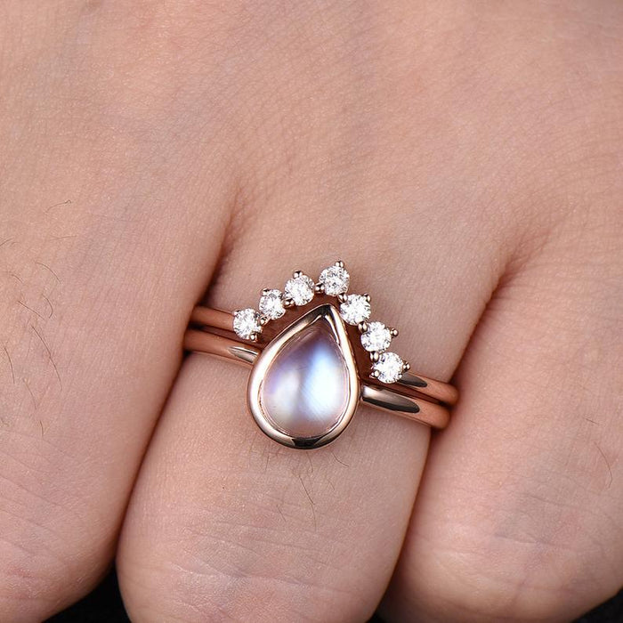 Vintage 1.25 Carat Pear Shape Blue Moonstone and Diamond Wedding Set with Crown Band in Rose Gold