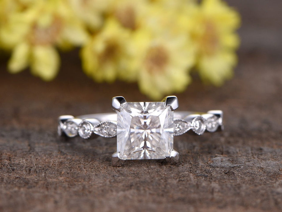 1.25 Carat Art Deco Princess Cut Moissanite and Diamond Engagement Ring in White Gold