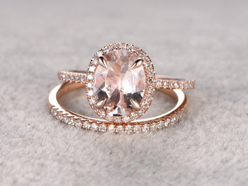 Huge 3 Carat Oval Cut Morganite and Diamond Wedding Ring Set in Rose Gold