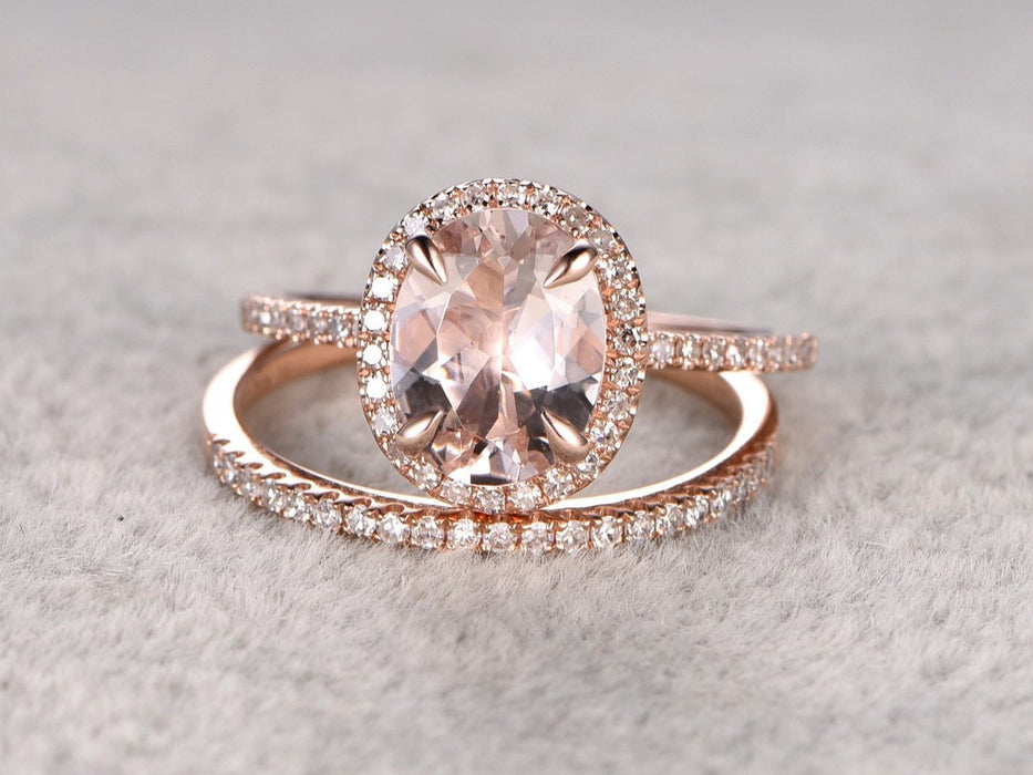 Huge 3 Carat Oval Cut Morganite and Diamond Wedding Ring Set in Rose Gold
