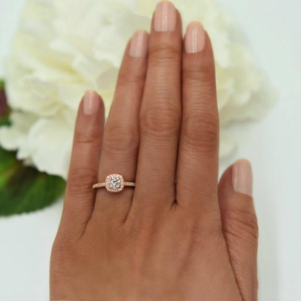 Classic 1 Carat Round Cut Square Halo Engagement Ring in Rose Gold over Sterling Silver