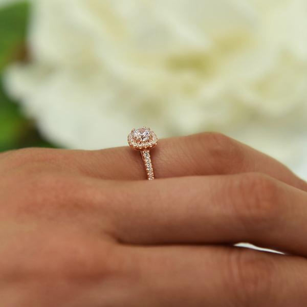 Classic 1 Carat Round Cut Square Halo Engagement Ring in Rose Gold over Sterling Silver