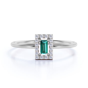 Halo Set Emerald Stacking Ring in White Gold