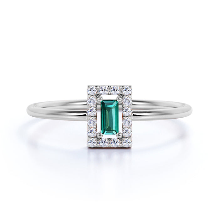 Halo Set Emerald Stacking Ring in White Gold