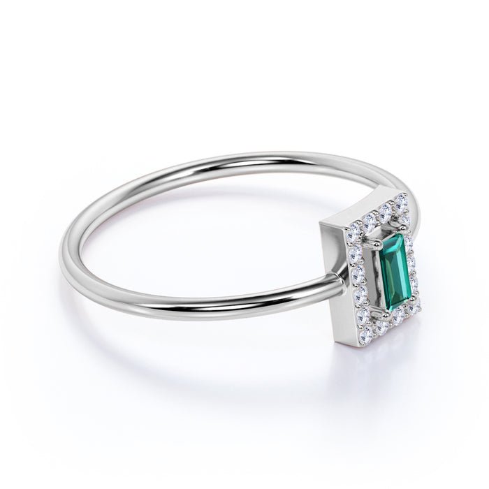 Halo Set Emerald Stacking Ring in White Gold