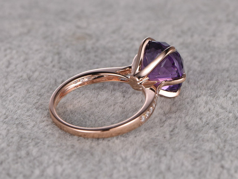 Huge 3 Carat Round Cut Amethyst and Diamond 6 Claws Solitaire Engagement Ring in Rose Gold