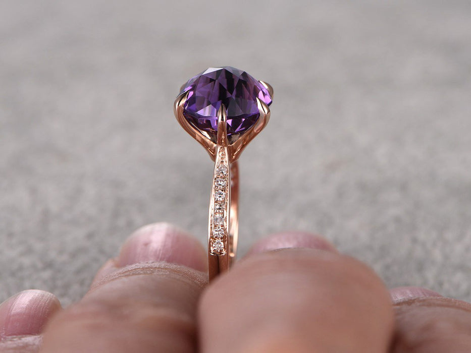 Huge 3 Carat Round Cut Amethyst and Diamond 6 Claws Solitaire Engagement Ring in Rose Gold
