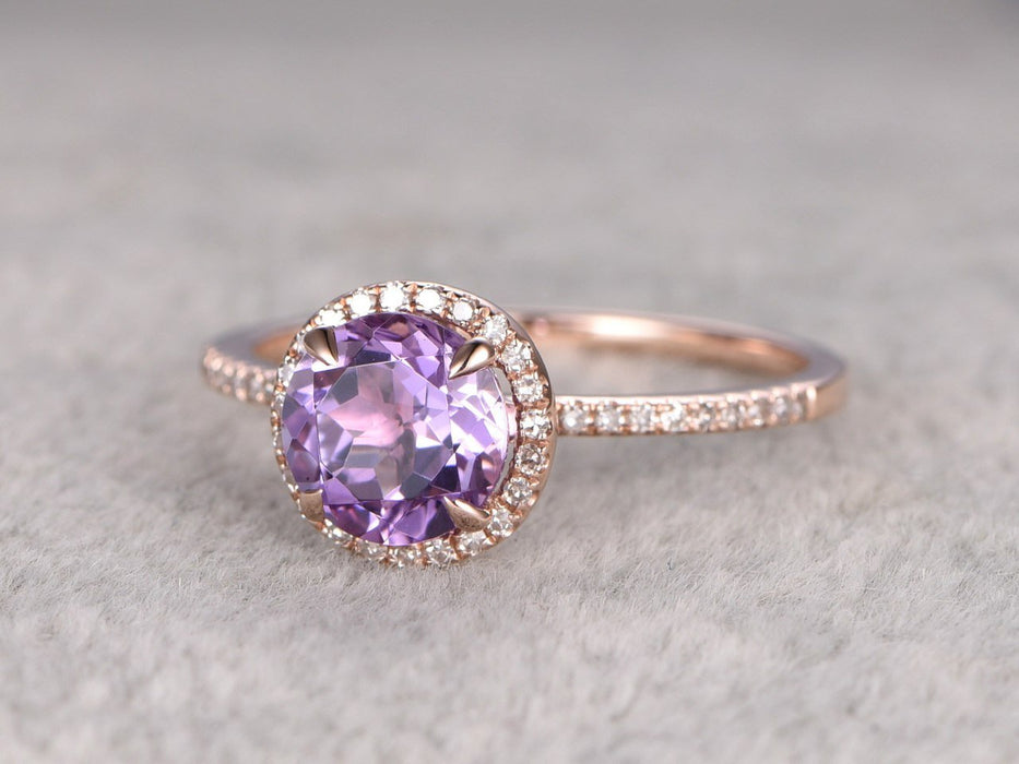 Perfect 1.50 Carat Purple Round Cut Amethyst and Diamond Halo Engagement Ring in Rose Gold