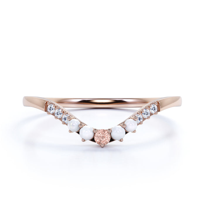 0.45 Carat Morganite, Pearl & Diamond Multi Stone Stacking Wedding Ring Band in Rose Gold