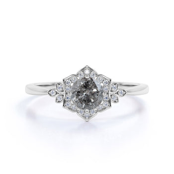 0.60 Carat Round Cut Natural Salt and Pepper Diamond Floral Style Engagement Ring in White Gold