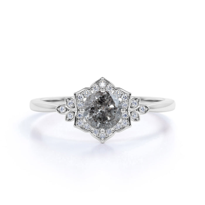 0.60 Carat Round Cut Natural Salt and Pepper Diamond Floral Style Engagement Ring in White Gold