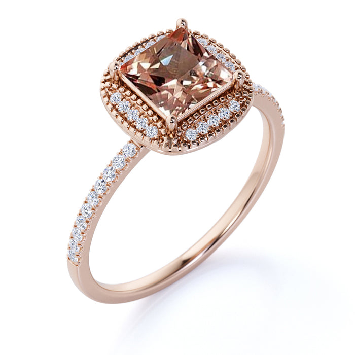 Vintage 1.50 Carat Princess Cut Peach Morganite and Pave Diamond Accents Halo Wedding Ring in Rose Gold