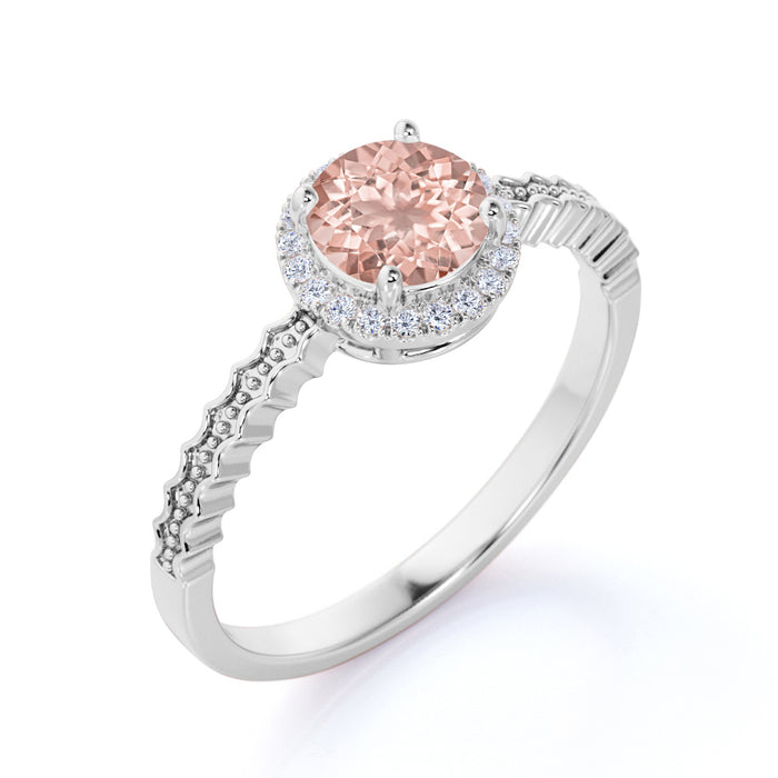 1.25 Carat Round Shaped Peach Morganite and Diamond Halo Engraved Band Engagement Ring in Rose Gold