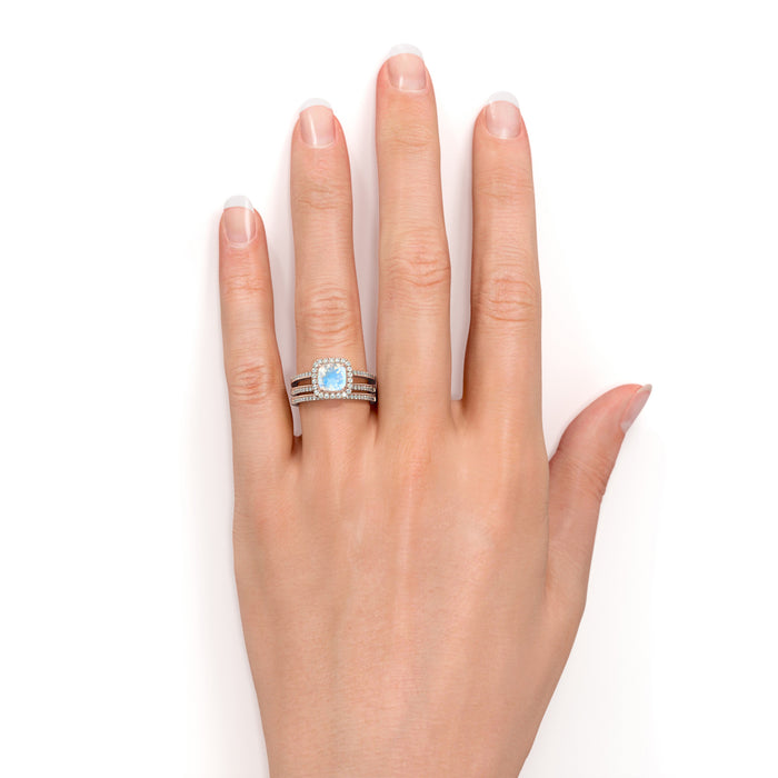 1.75 Carat Cushion Cut Rainbow Moonstone & Diamond Halo Wedding Ring Set in Rose Gold