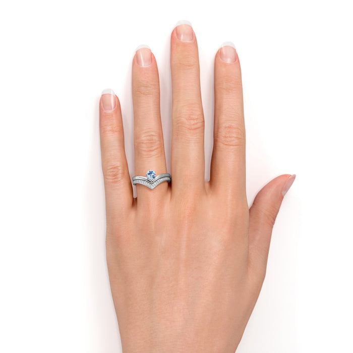 Vintage .83 Carat Round Cut Aquamarine & Pave Diamond Chevron Wedding Ring Set in White Gold