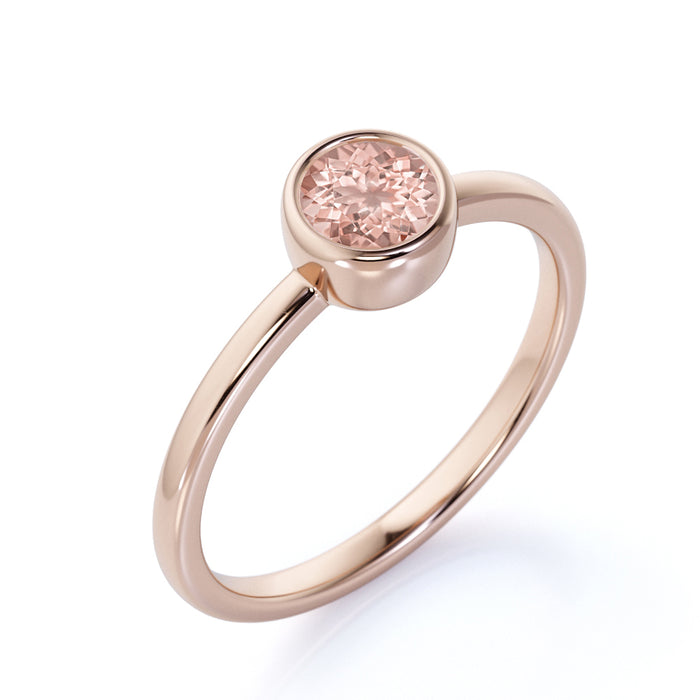 Minimalist 1 Carat Bezel Set Peach Pink Round Morganite Solitaire October Birthstone Ring in Rose Gold