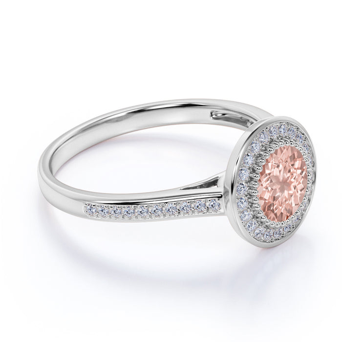 1.25 Carat Bezel Set Round Peach Morganite & Diamond Vintage Halo Engagement Ring in Rose Gold