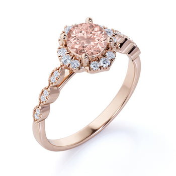 Antique 1.50 Carat Round Cut Peach Pink Morganite and Diamond Vintage Halo Engagement Ring in Rose Gold