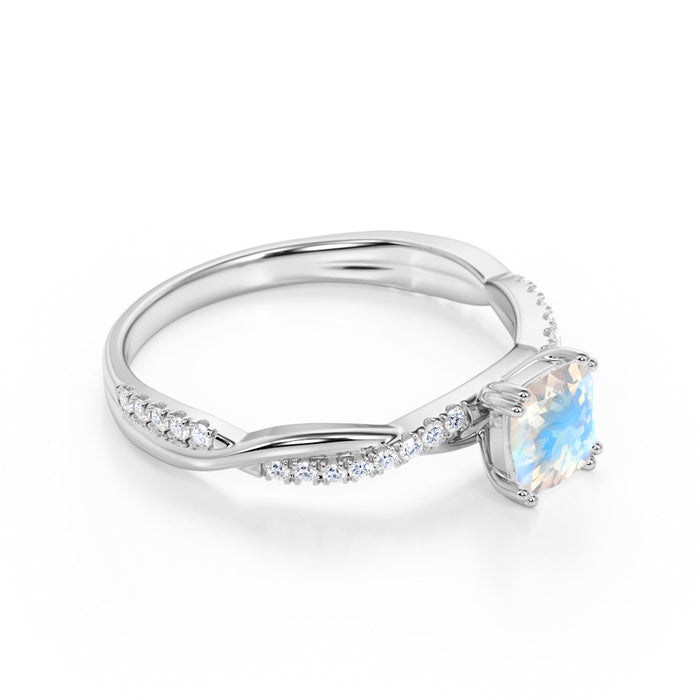 1.50 Carat Cushion Cut Rainbow Moonstone & Diamond June Birthstone Infinity Engagement Ring in White Gold