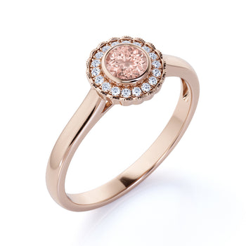 Halo 1.50 Carat Round Pink Morganite Bezel Set Milgrain Wedding Ring in Rose Gold