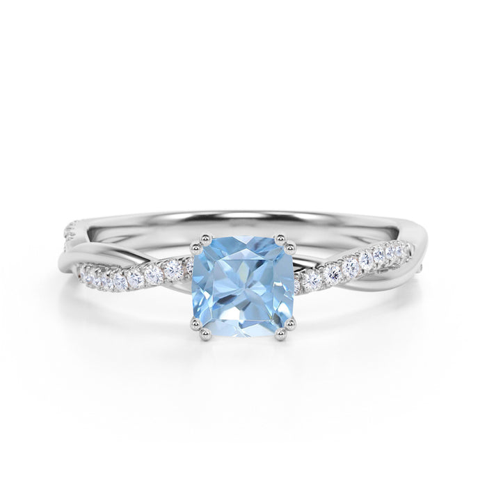 1.50 Carat Cushion Cut Aquamarine & Diamond March Birthstone Infinity Engagement Ring in White Gold