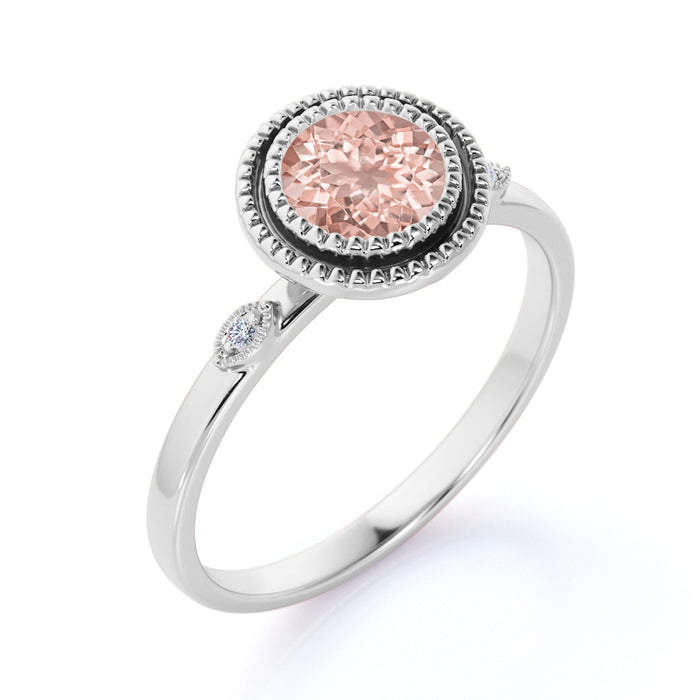 1.25 Carat Bezel Set Pink Morganite and Diamond Three Stone Milgrain Halo Engagement Ring in Rose Gold