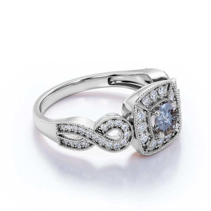 1 Carat Round Cut Dark Grey Salt and Pepper Diamond Vintage Filigree Engagement Ring in White Gold