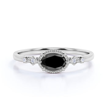 1.5 Carat Vintage Milgrain Set Oval Cut Black Diamond and White Diamond 6 Prong Engagement Ring in White Gold