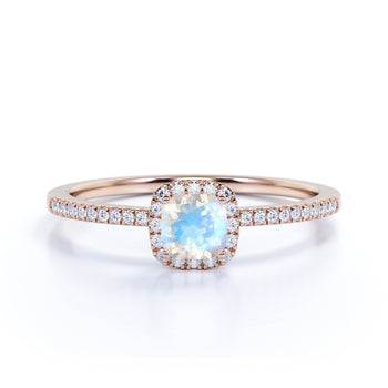 0.75 Carat Genuine Rainbow Moonstone & Diamond Cluster Halo Wedding Ring in Rose Gold