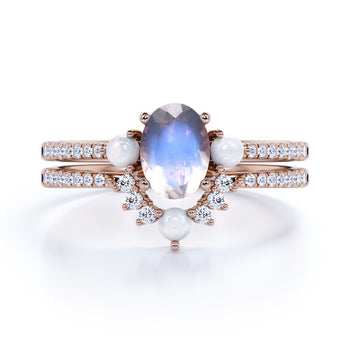 Antique 1.50 Carat Real Oval Blue Moonstone, Pearl & Diamond Wedding Ring Set in Rose Gold